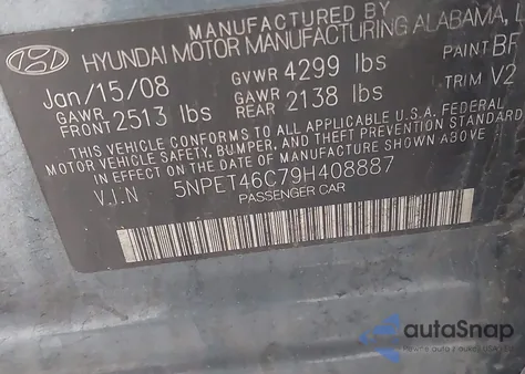 2009 Hyundai Sonata Gls from USA, damaged, VIN 5NPET46C79H408887